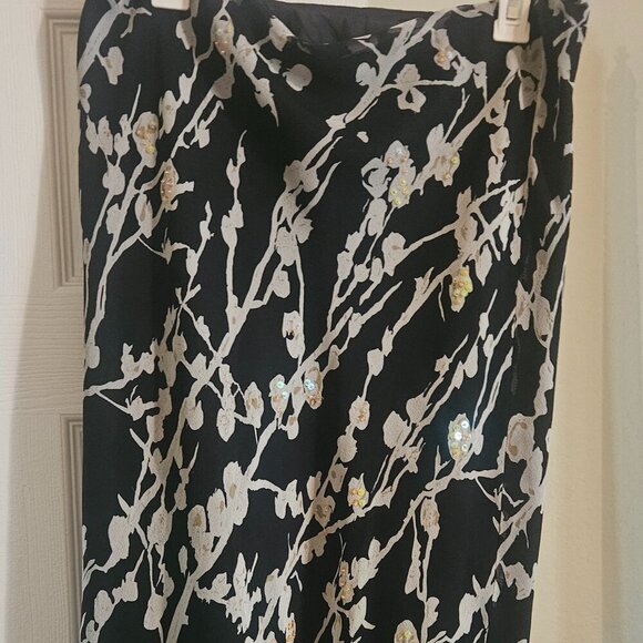 ice 100% Silk lined Beaded Black midi vintage skirt ruffle Y2K Elastic L - Picture 2 of 9